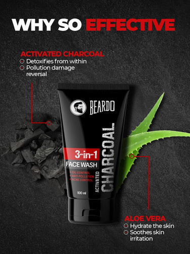 Beardo 3-in-1 Activated Charcoal Face Wash| Deep Cleanse, Exfoliate & Detoxify | All-in-One Face Wash for Oily Skin, Dirt & Pollution Removal | Oil Control Face wash for men 100ml